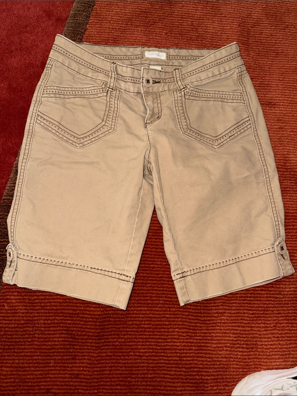 Maurices Tan Bermuda Shorts with brown unique stitching.